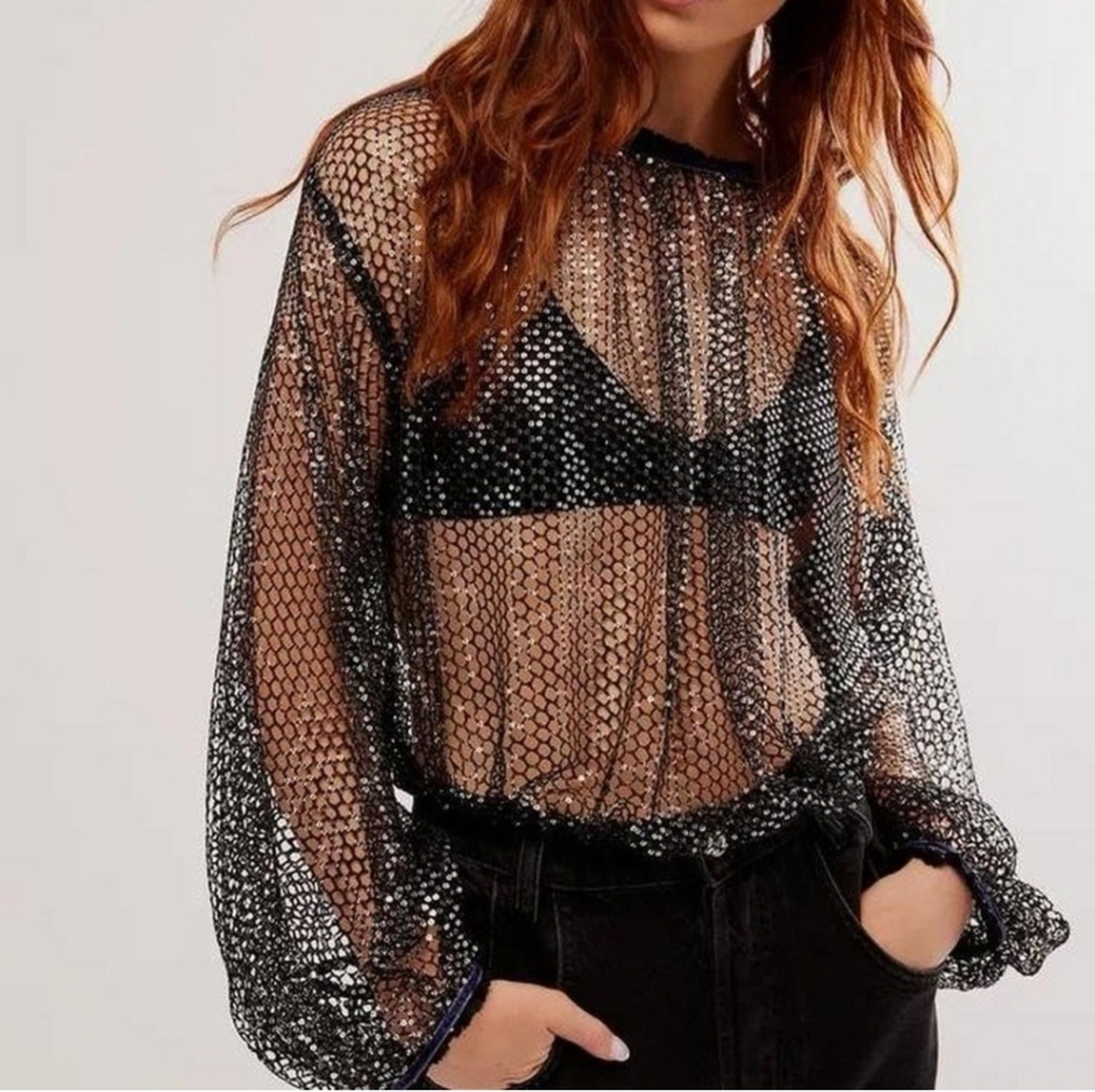 Free People Sheer Black Sequin Top